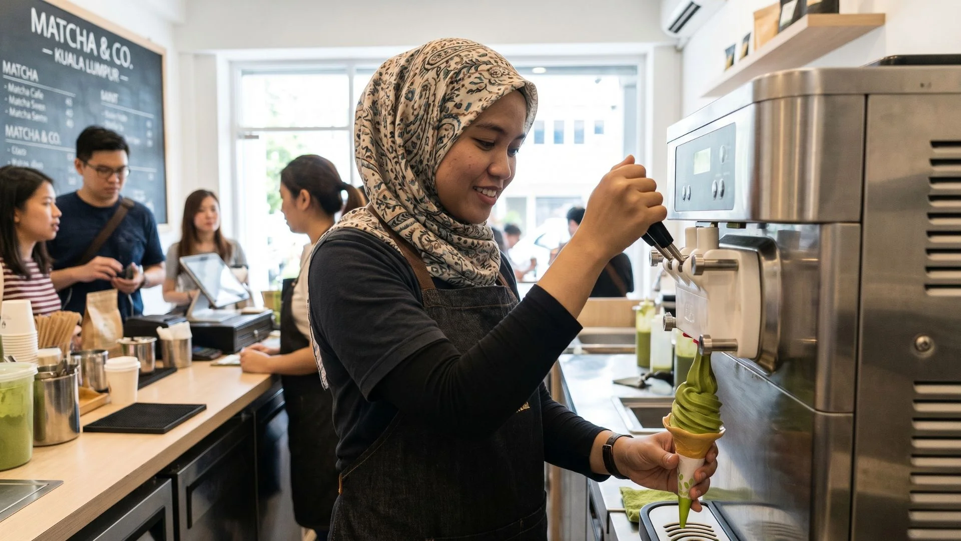 Women Barista swirl the soft serve ice cream